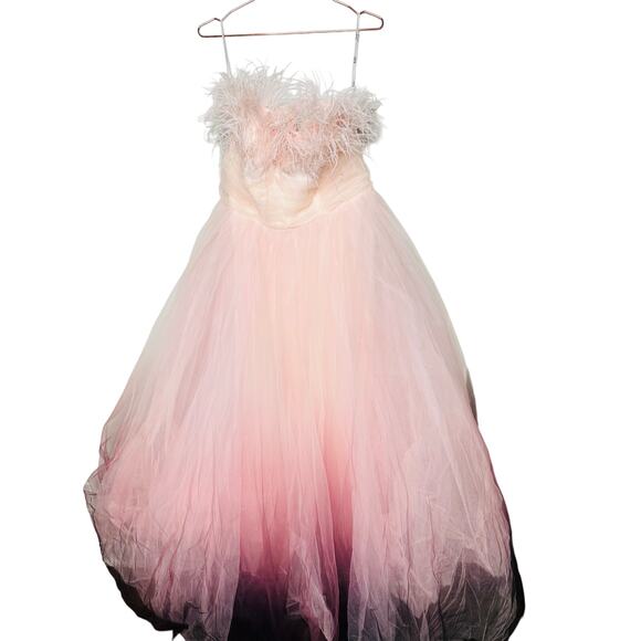 NWT MAC DUGGAL 20557 Pink Ombre Strapless Tulle Base Feather Bodice Gown Size 14 - Picture 2 of 16